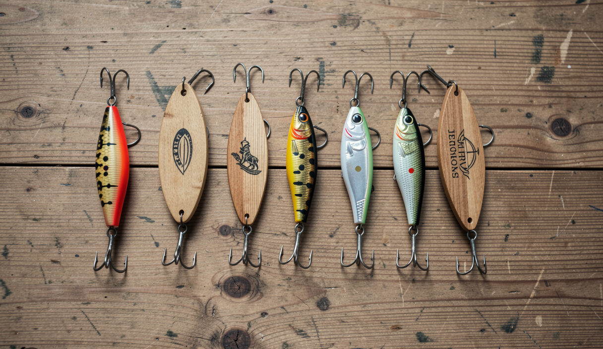 A lure box opened beside a beach notebook where a bar, cut and current seam are marked in pencil