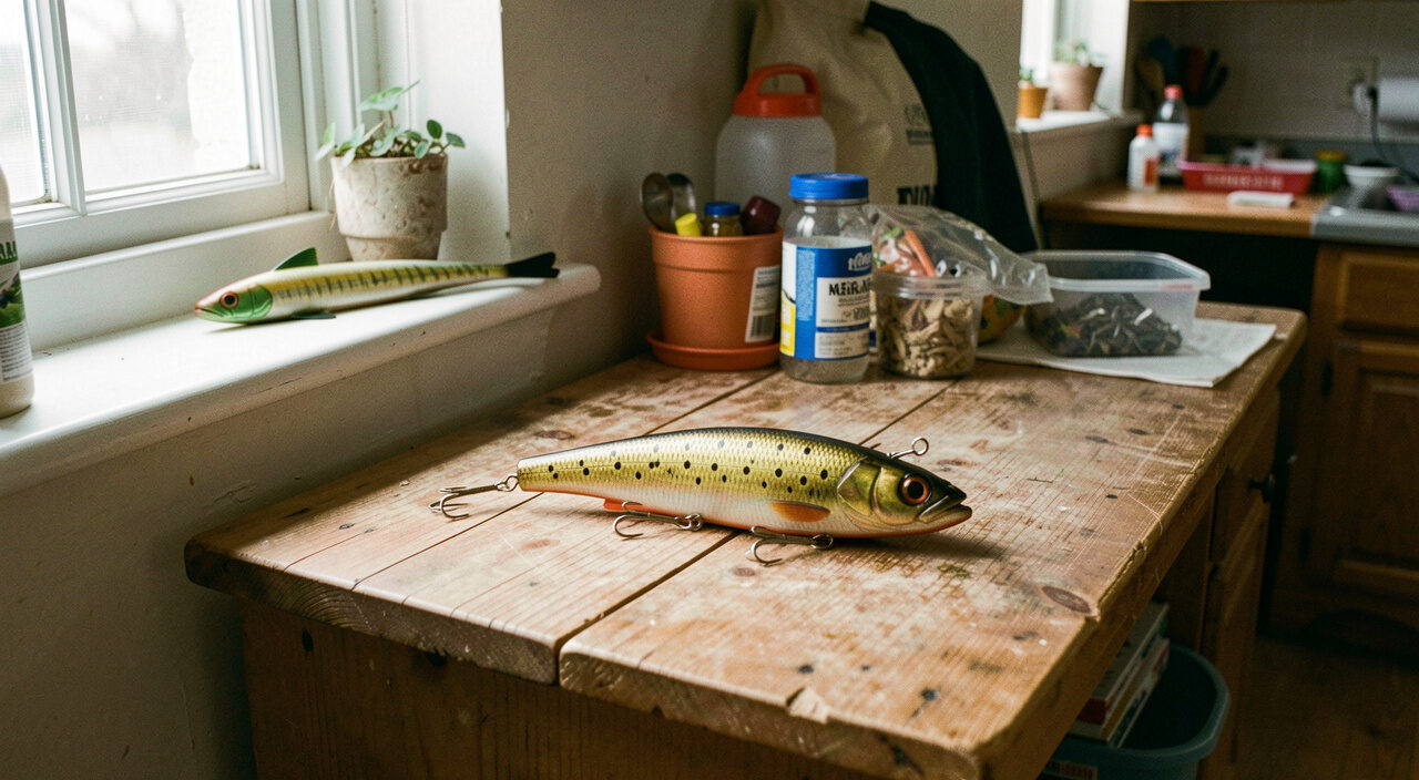 Open field notebook with surfcasting terms written beside a lure nose, metal lip and line tie