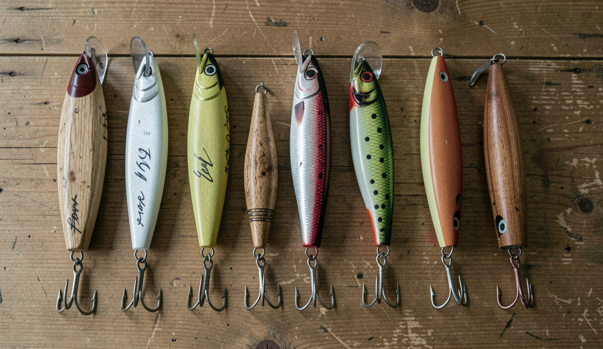 Darters, needlefish, bottle plugs and an eel-skin body arranged over a tide-marked chart