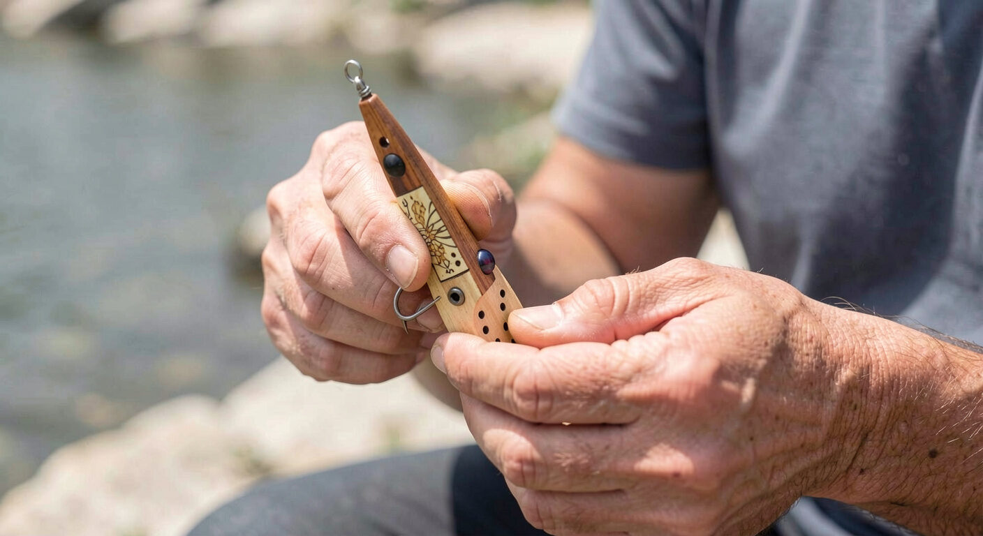 Floating and weighted needlefish bodies beside a simple trim note and a cup of split rings