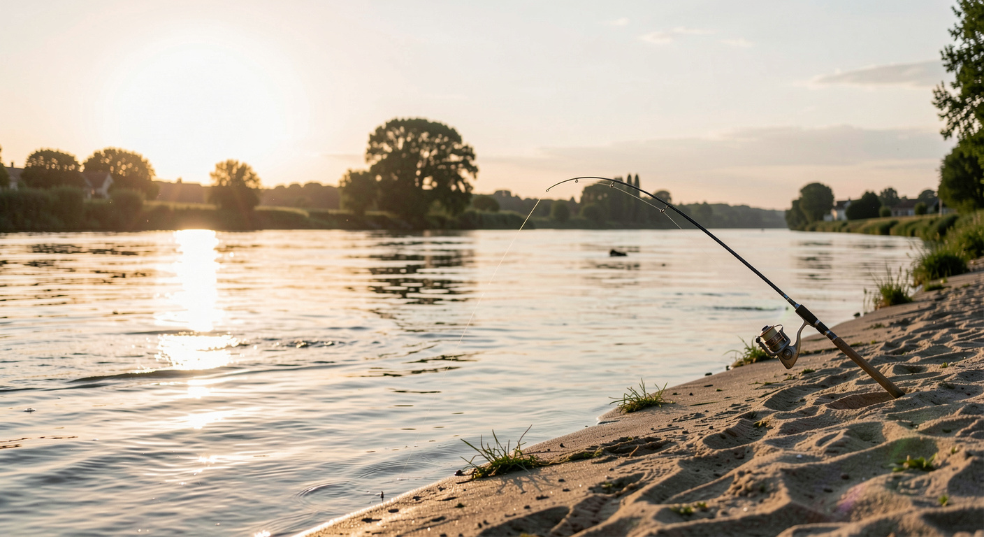 A wide view of the Loire River in Touraine at sunrise, with a sandy bank on the right and a fishing rod bent towards the current, soft golden light, medium shot.