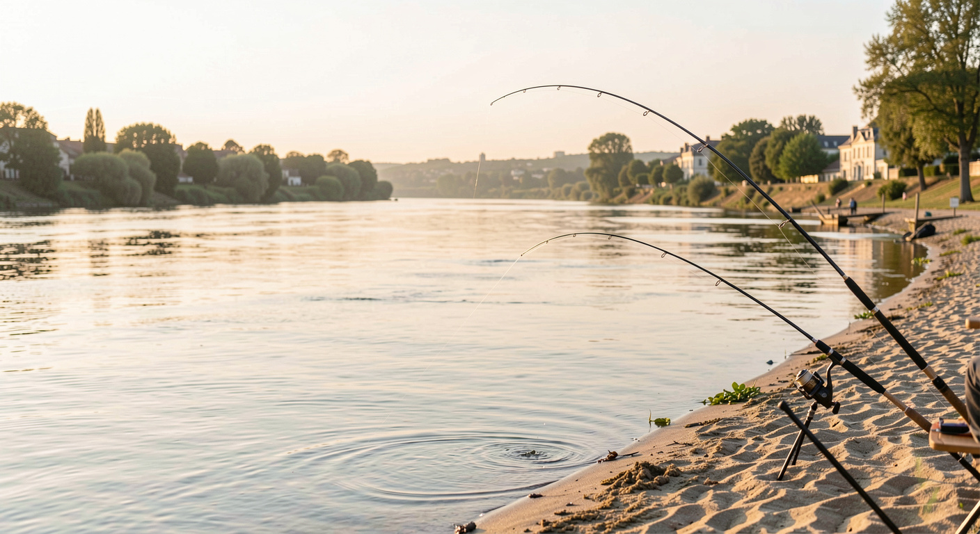 A wide view of the Loire River in Touraine at sunrise, with a sandy bank on the right and a fishing rod bent towards the current, soft golden light, medium shot.