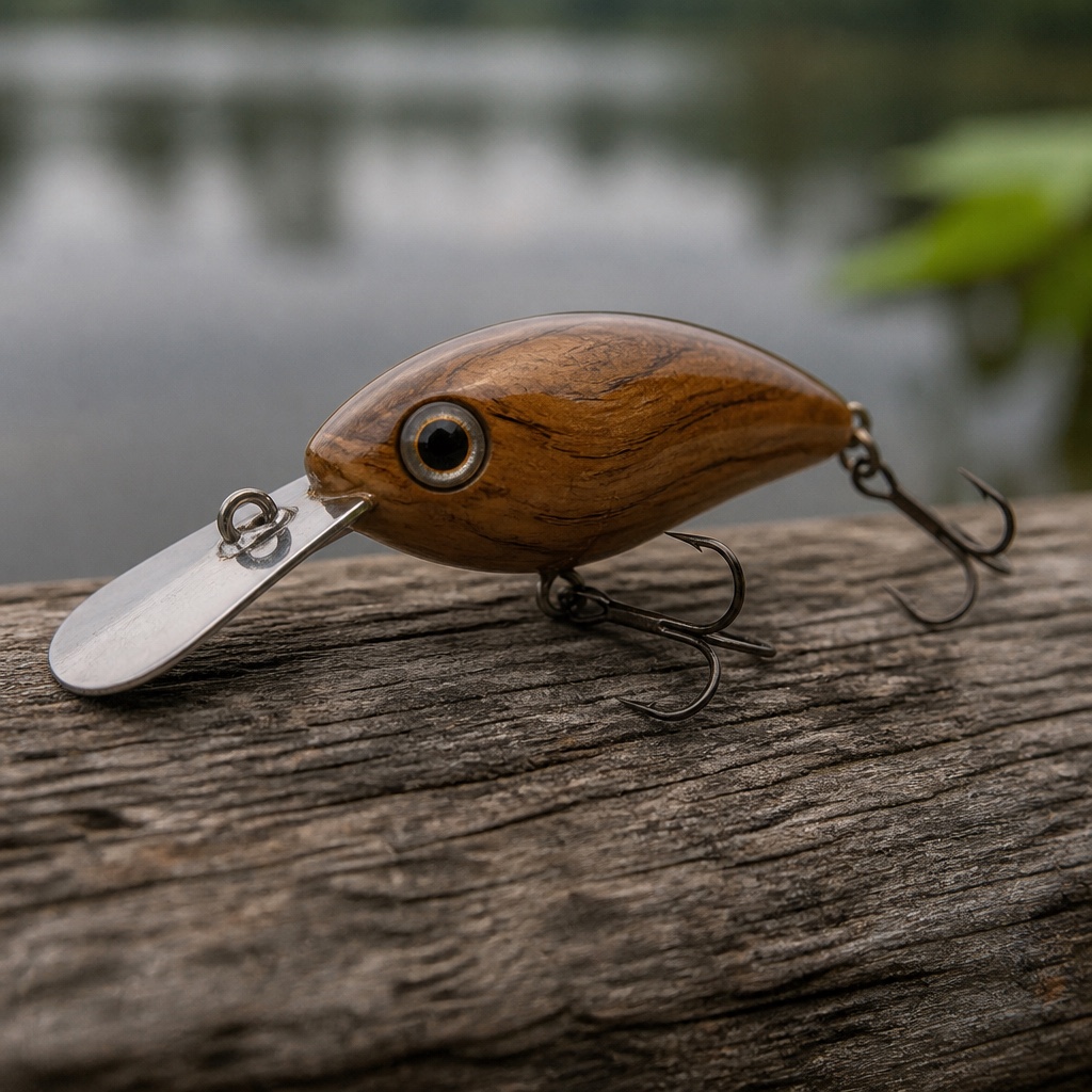 Close view of a wooden swimmer's bent metal lip and through wire nose loop, held between finger and thumb against a workbench