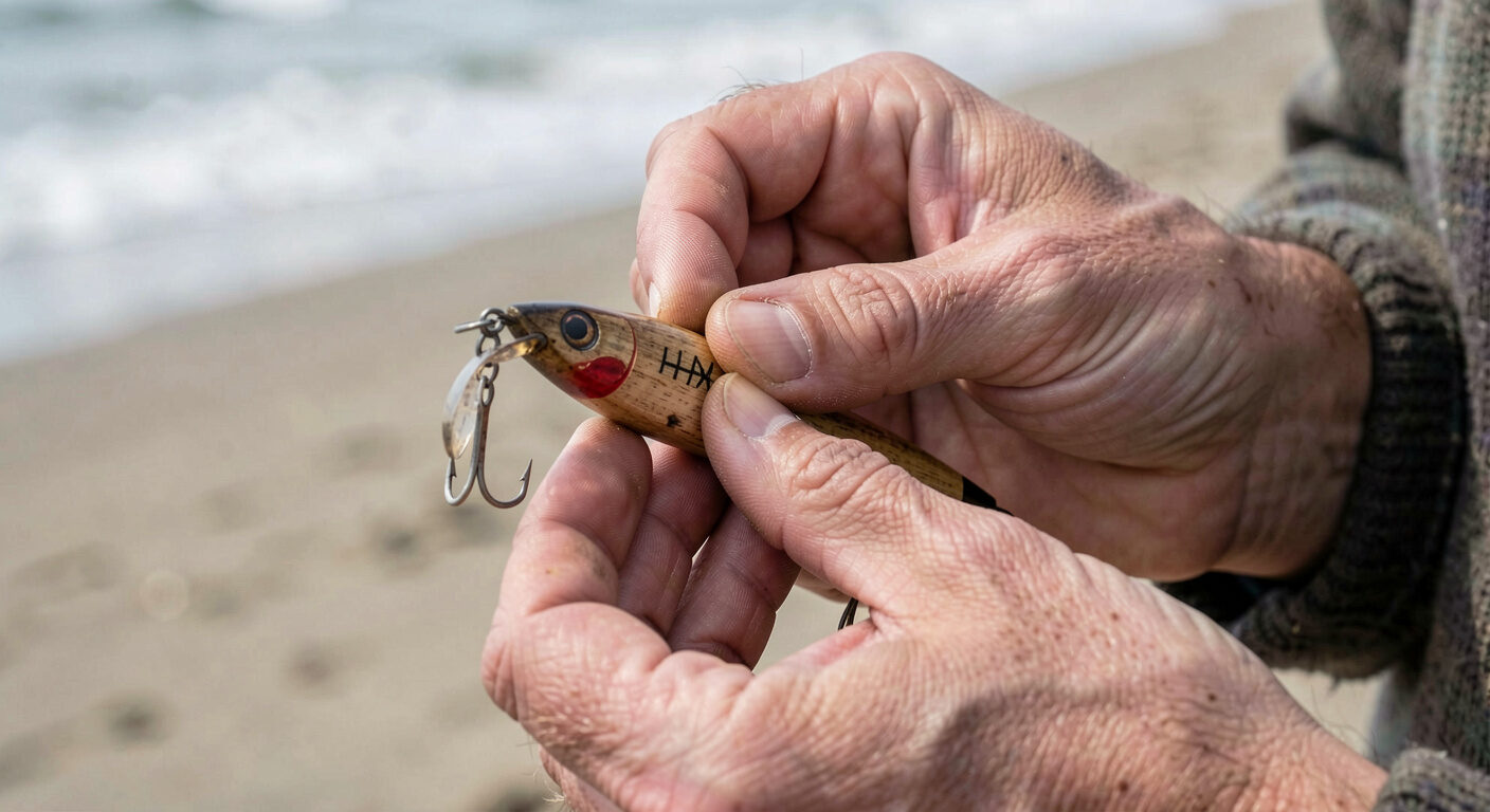 A blank sponsored-content disclosure card beside a local lure photograph and a pencil