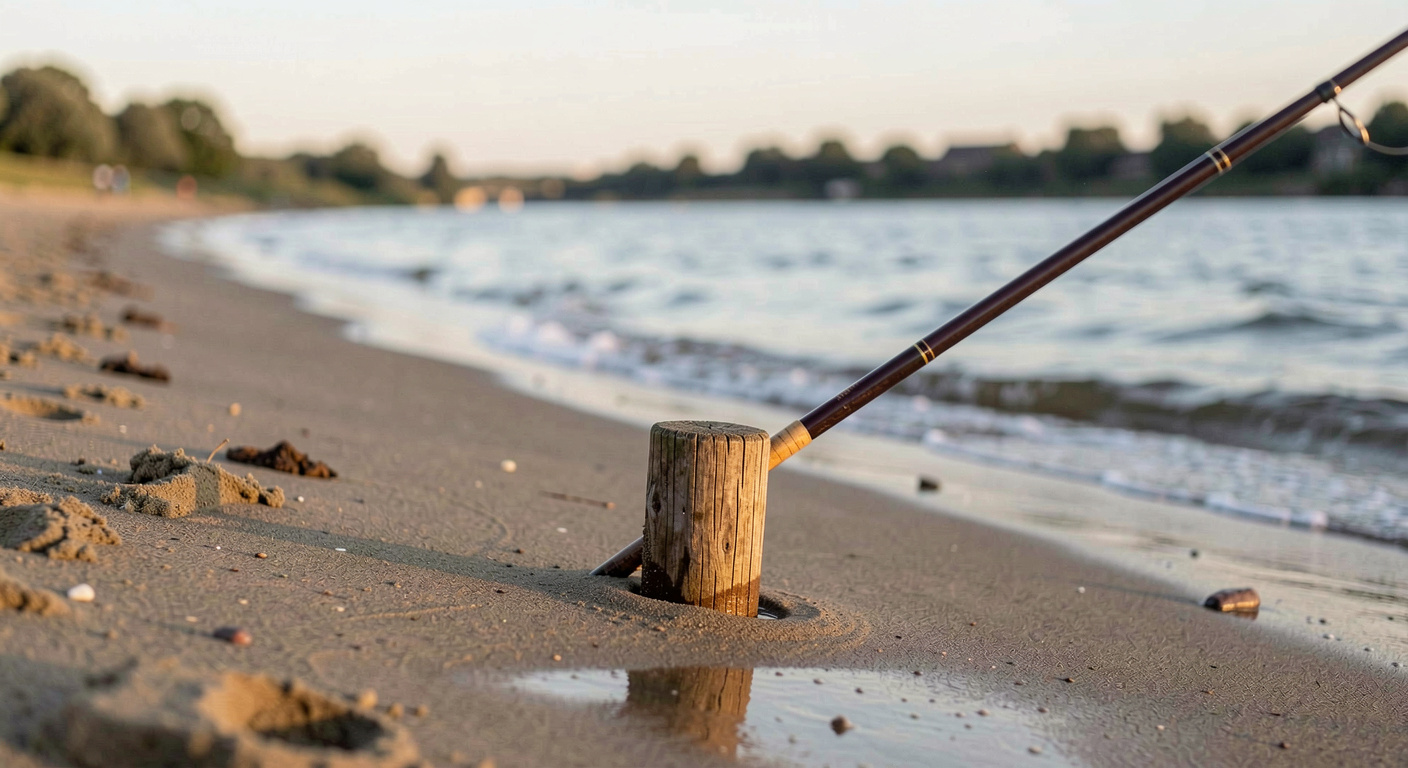 A wooden surf plug resting on a wet sand bank at first light, the Loire current in the background and a rod tip entering the frame from the right.