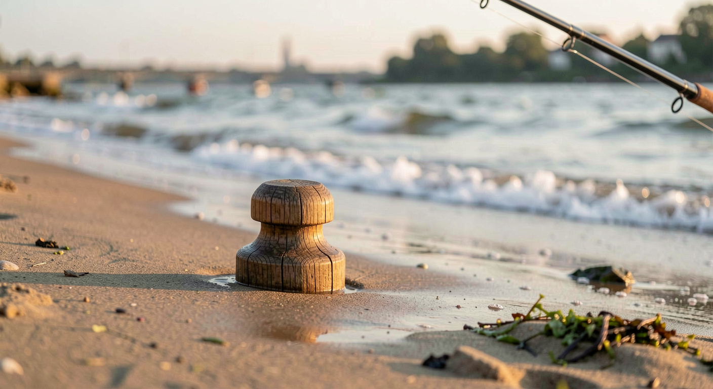 A wooden surf plug resting on a wet sand bank at first light, the Loire current in the background and a rod tip entering the frame from the right.