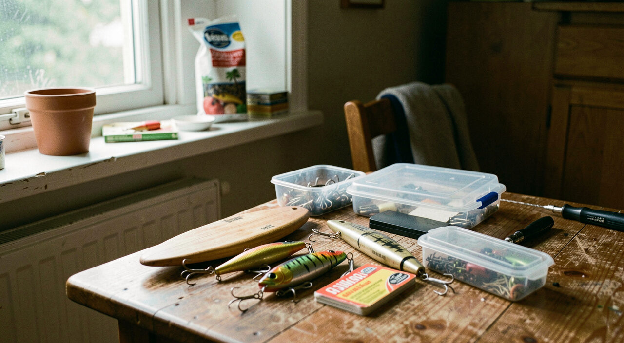 Pencil popper hardware, leader and split rings arranged beside a hand-drawn rigging note
